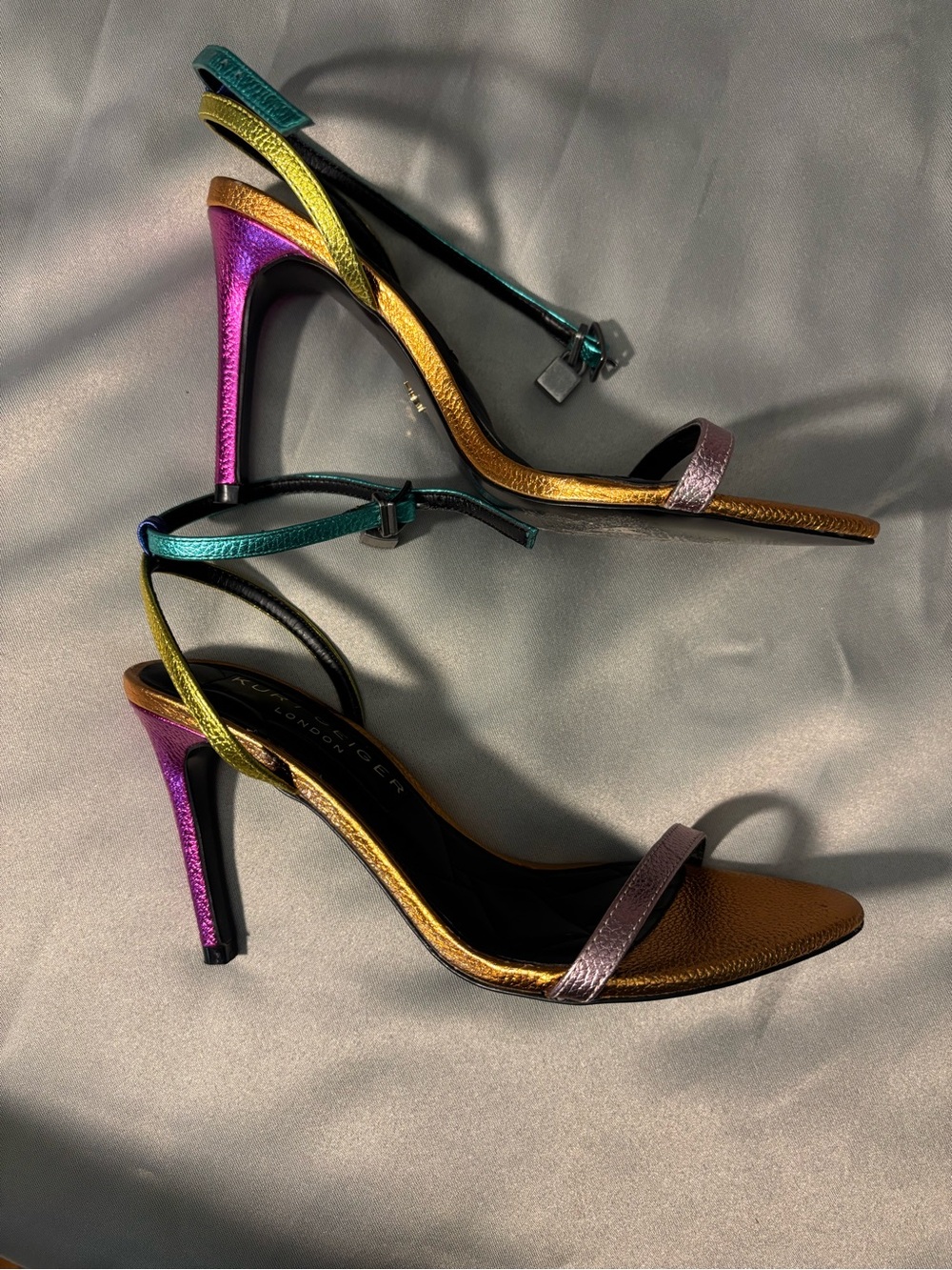 Kurt Geiger Metallic Purple Teal Gold Strappy Stiletto Sandals